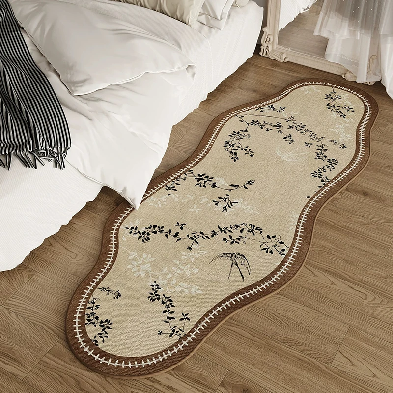 Bedroom Carpet Comfortable Loop-pile Floor Mat Retro-style Long Irregularly Shaped Bedside Mat Floral Patterned Home Decor Rug