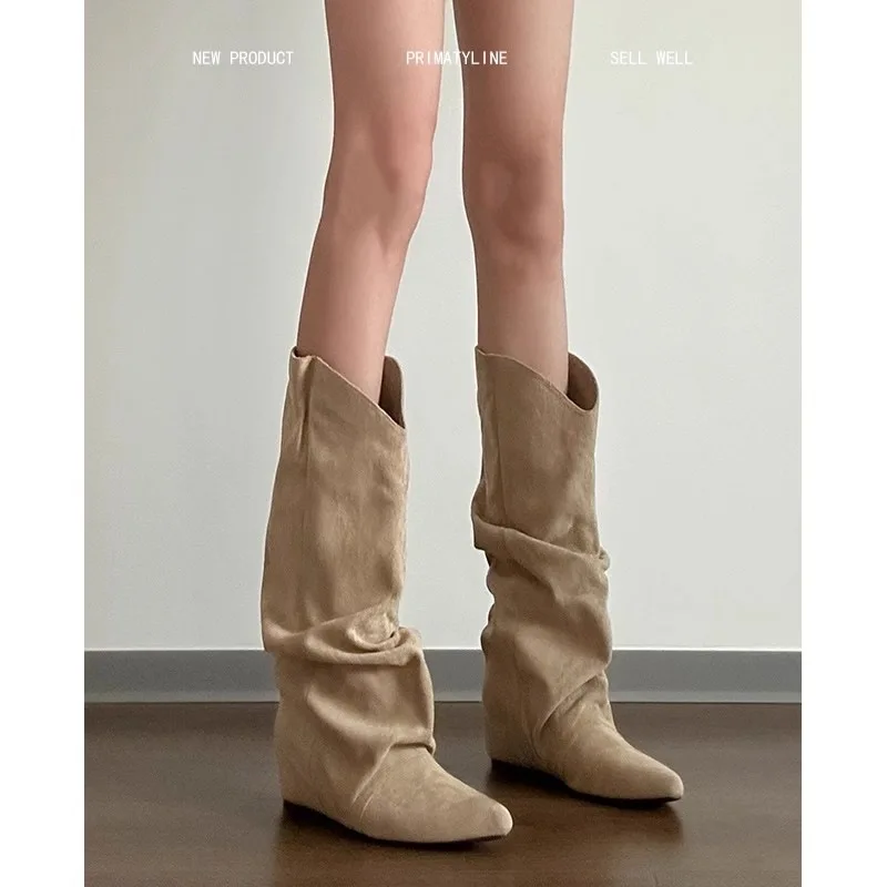 Western cowboy boots 2026 autumn versatile wasteland style pile boots retro long boots