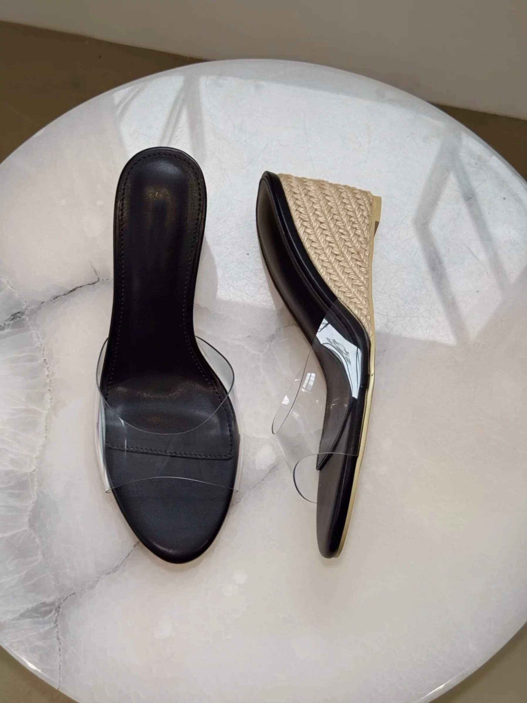 Women's Nude Espadrille Wedge Heel Sandals Clear PVC Strap Classic Open-Toe Slip-On Design Summer Beach Ladies Casual Slippers