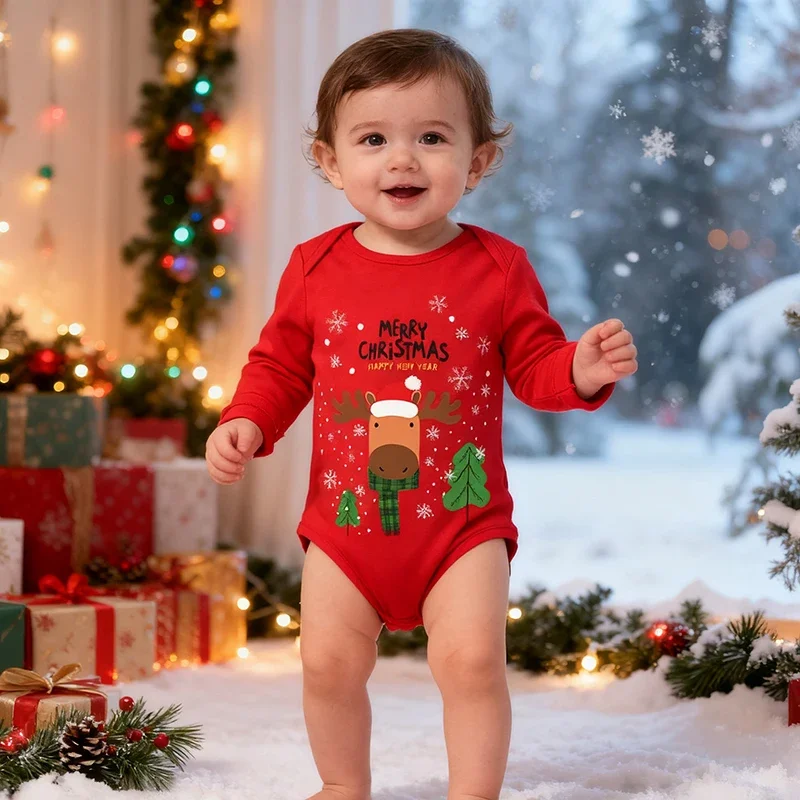 

Новогодняя одежда, рождественский комбинезон для маленьких мальчиков и девочек 0-24 месяцев, хлопковые боди с мультяшным принтом для новорожденных мальчиков и девочек