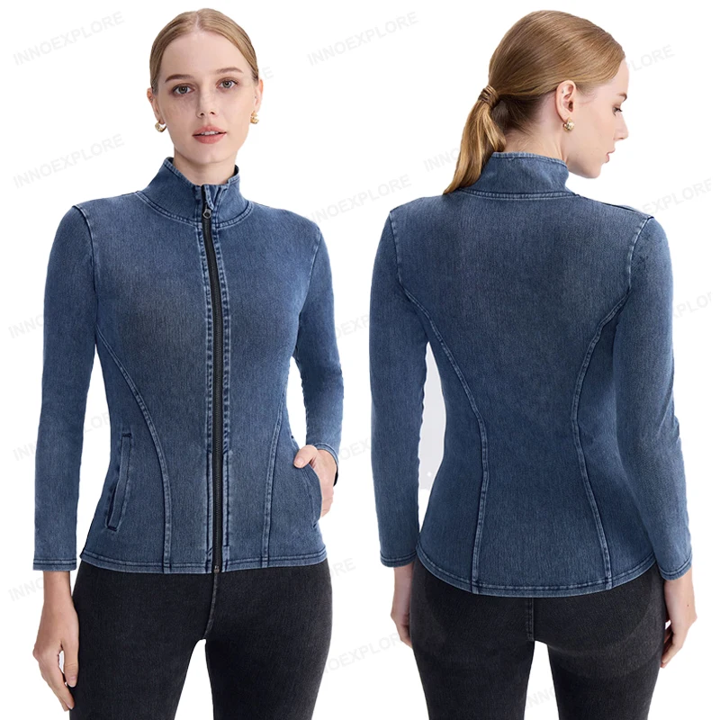 Women Yoga Jacket Stretch Denim Coat Fitness Workout Sports Casual Full Zipper Gym Top Slim Fit Long Sleeve Women Sweatshirt