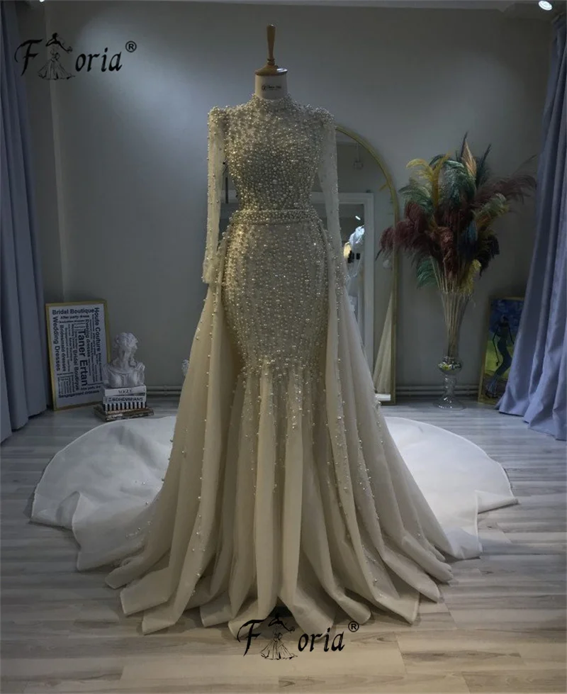 Vestidos sereia pérolas de Dubai para mulheres, vestido de casamento elegante, trem destacável, frisado, alta costura para eventos, 2024