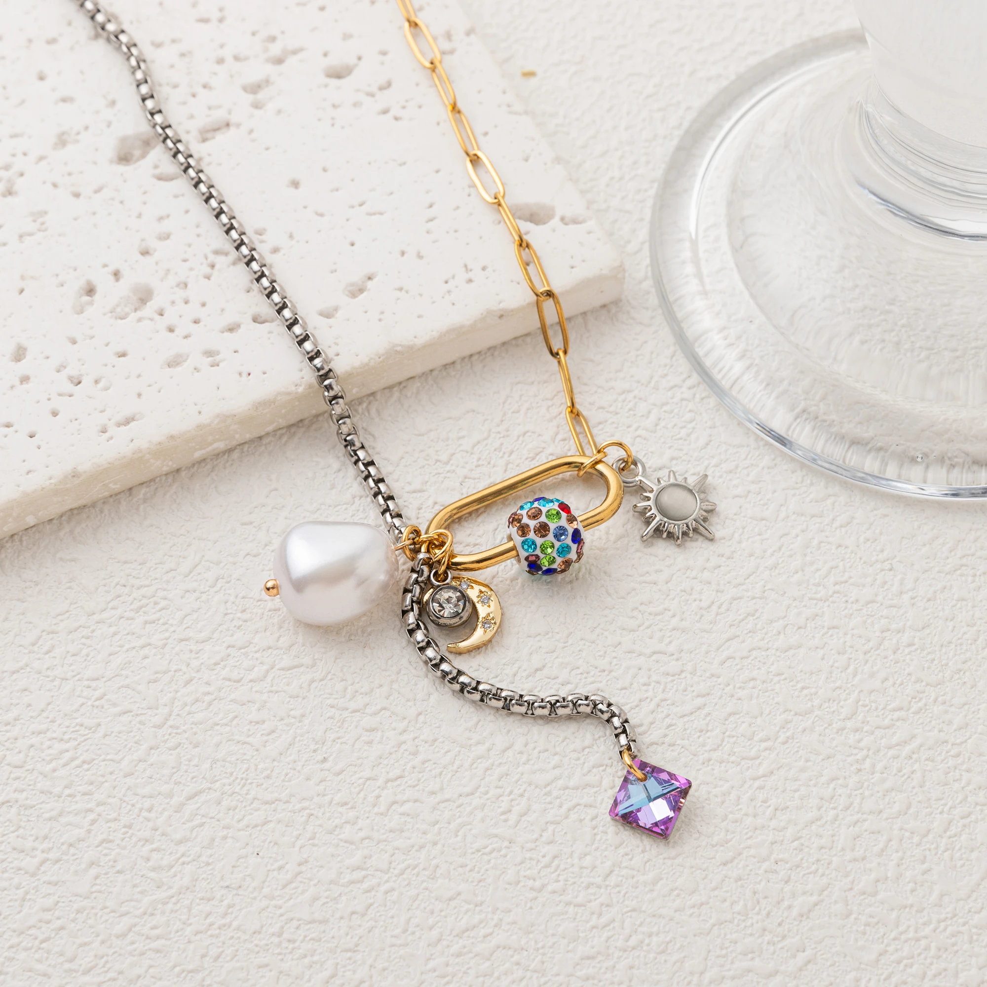

Original Design: Multi Pendant Women's Starry Sky Moon Pearl Splicing Necklace Set, Gold Plated for Women