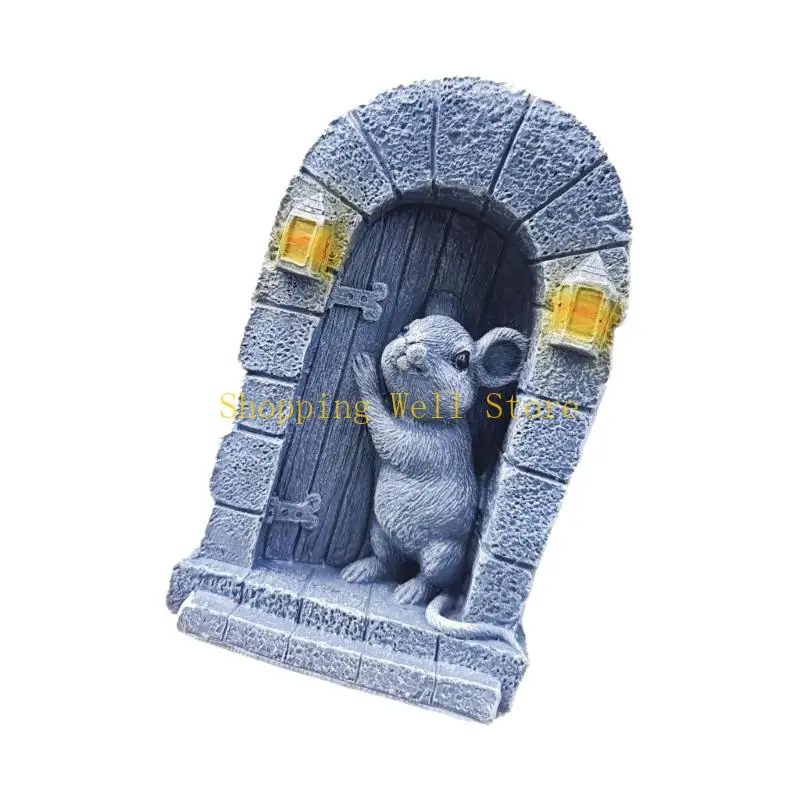 

KX4B Мышь, выглядывающая через дверь, скульптура из смолы, садовый орнамент, миниатюрный пейзаж