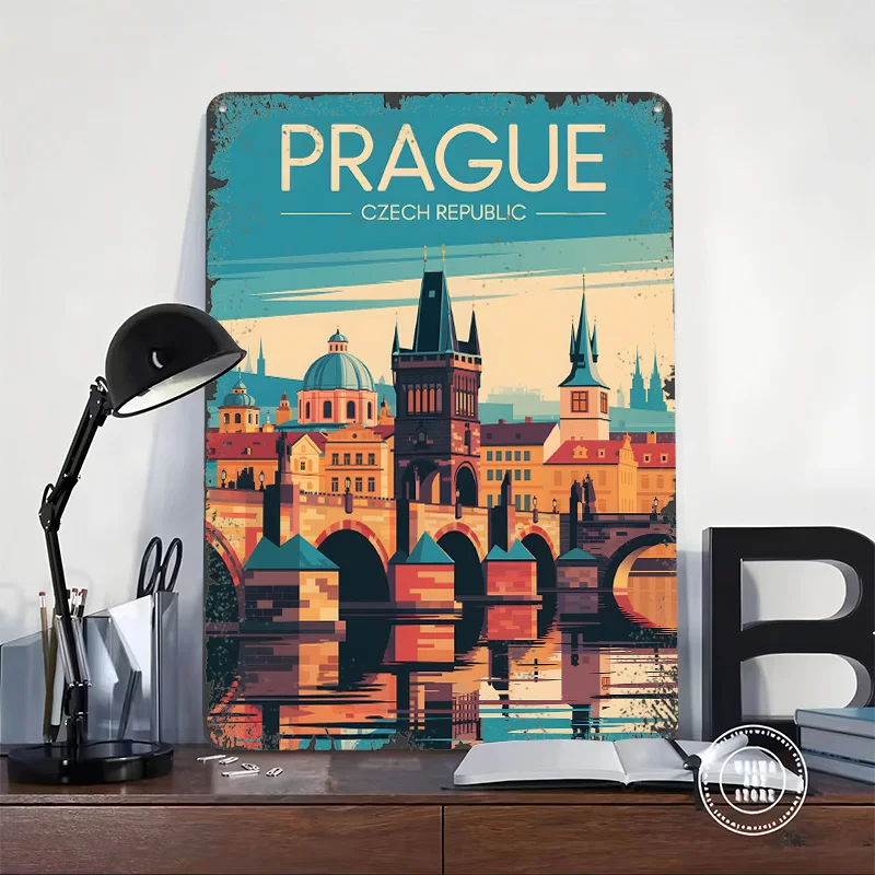 Prague Czech Republic Travel Poster Customized Wall Art Vintage Metal Signs Retro Tin Plaque for Man Cave House Decor Wand Deko