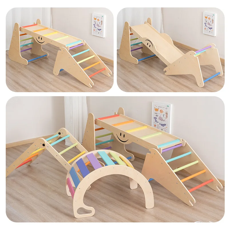 Children's wooden climbing frame Baby sensory integration training equipment Household indoor slide combination Small