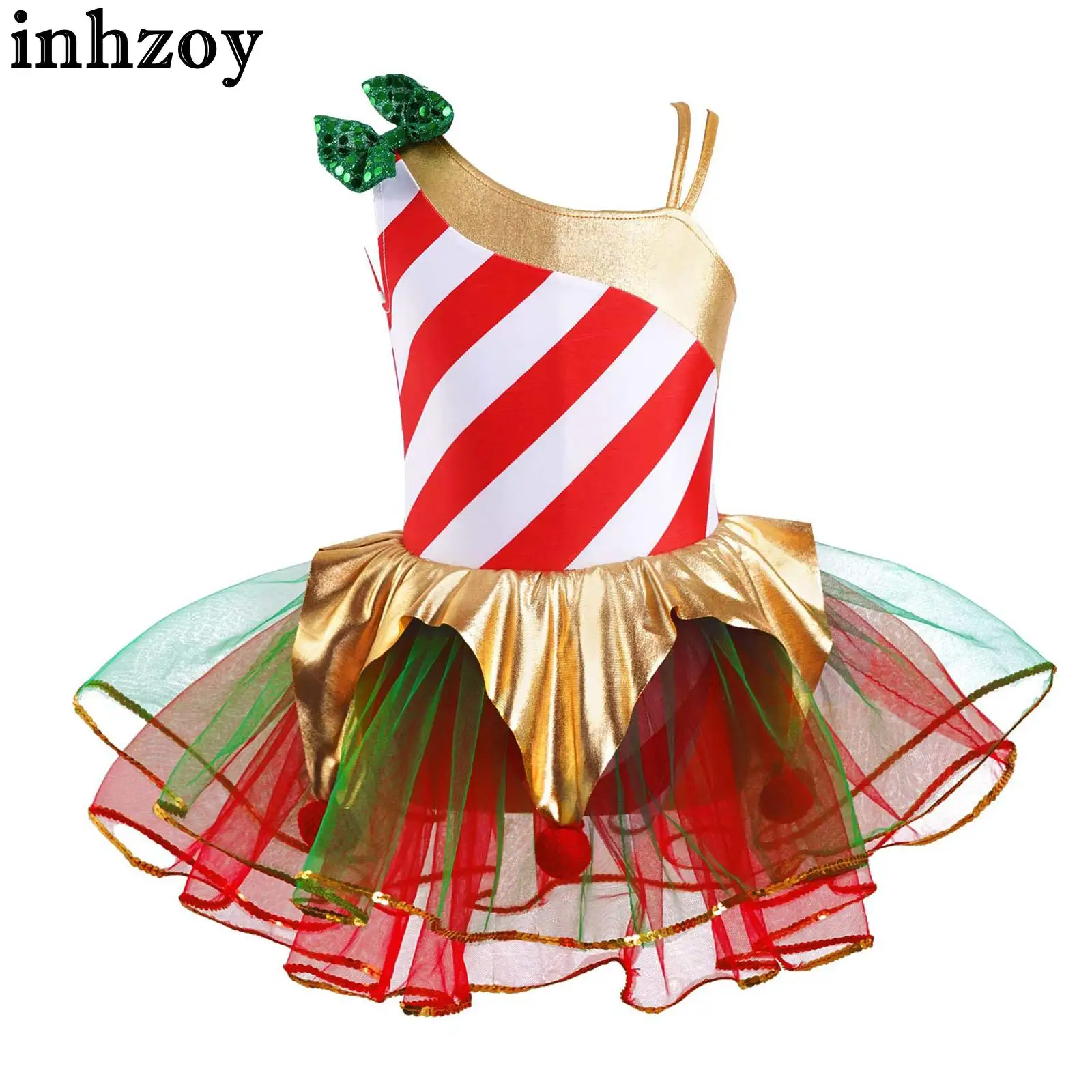 Kids Girls Stripes Print Sequins Christmas Costume Candy Cane Santa Claus Ice Skating Dance Leotard Tutu Dress Ballet Dancewear