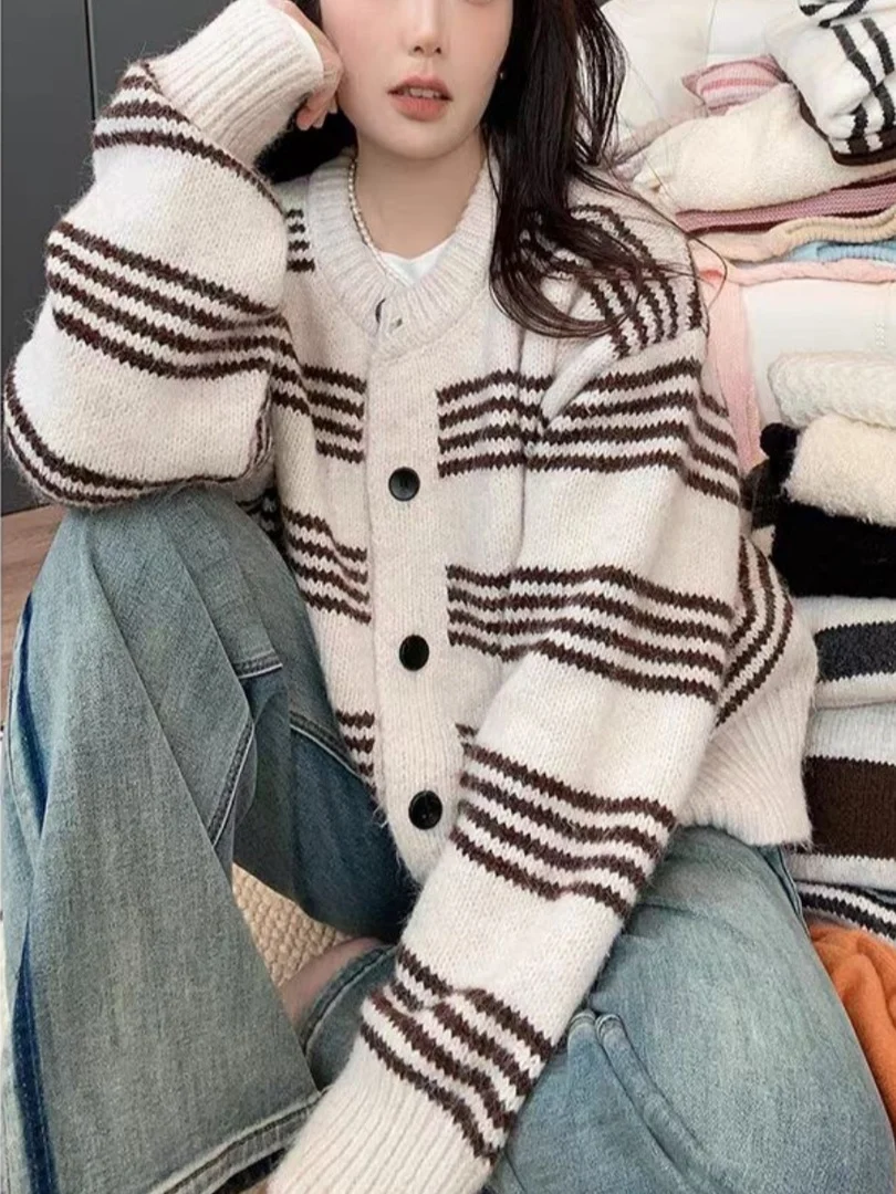 Loose Knitted Striped Sweater Coat Women's Autumn Winter New Sle Casual Wear Outerwear Open Cardigan Long Sve round Ne