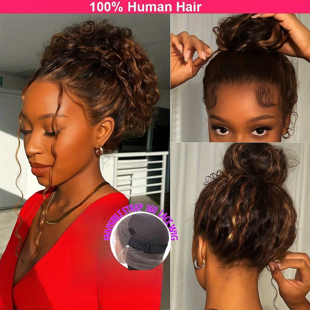 موجة المياه 34 بوصة حزام غير مرئي 360 كامل الدانتيل شعر مستعار أمامي العسل شقراء تسليط الضوء على موجة عميقة شعر مستعار أمامي غلويليس شعر مستعار الإنسان