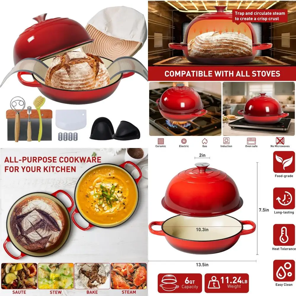 

Multi-Functional 6-Quart Dutch Oven Pot for Baking, Cast Iron Bread Oven with Proofing Basket, Silicone Sling, and Dough Whisk -