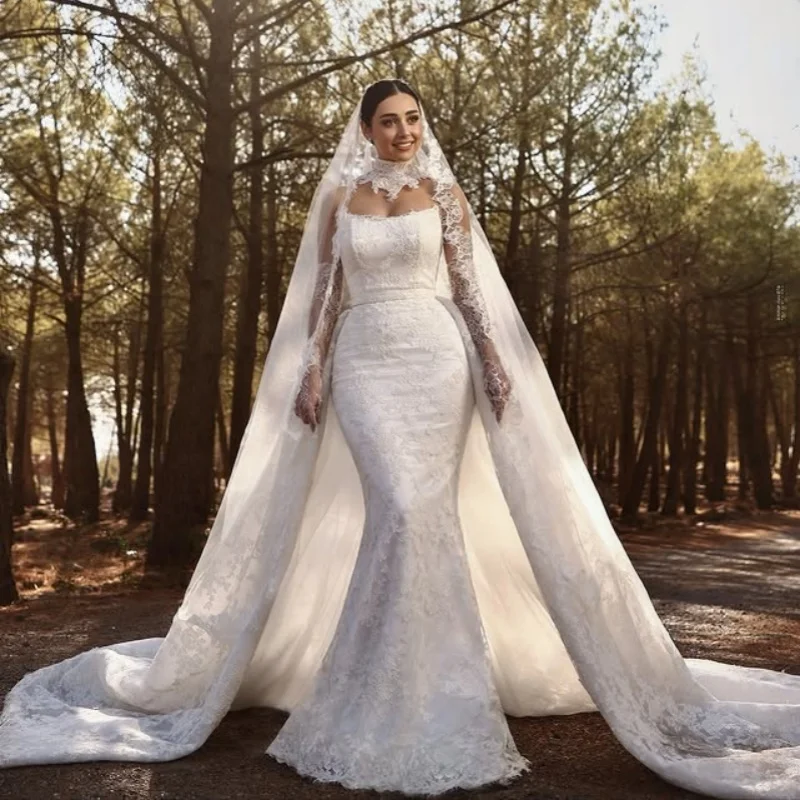 luxury White Appliques Wedding Dresses flower decal glitter fishtail detachable train Gowns Made wedding dress