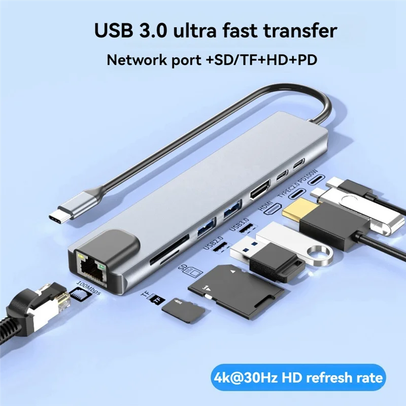 USB 3.0 Type C HUB  With Ethernet, 4K HD, USB 3.0, SD Card Reader, 87W PD Charging High-Speed Data Transfer For Windows、Macos