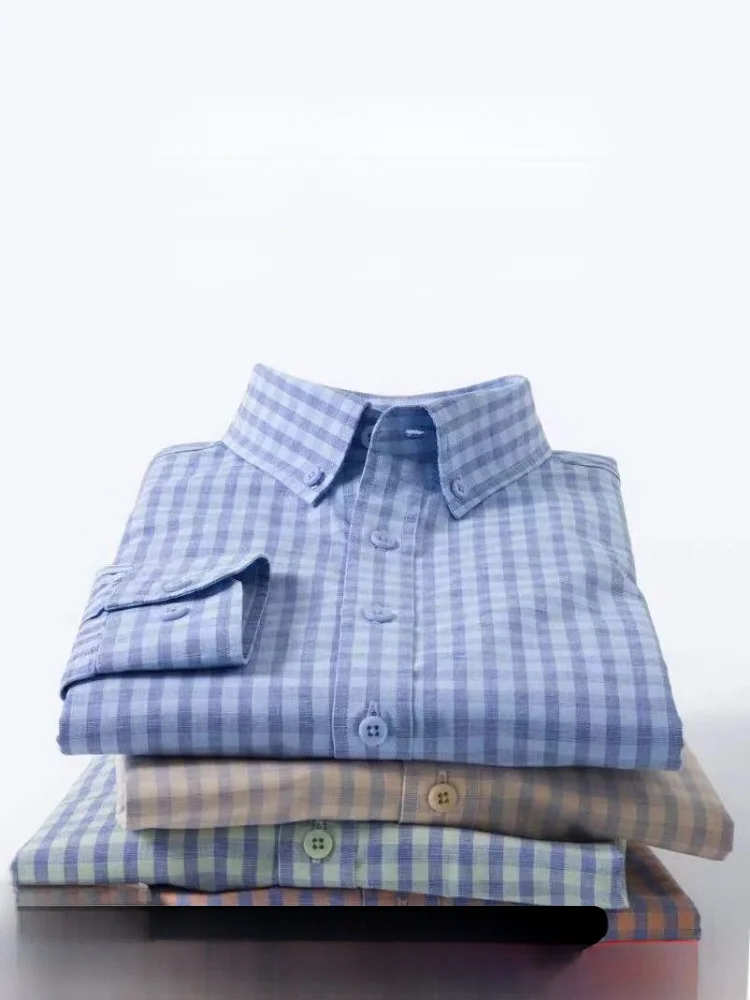 

Faionable Waed Linen Men's irt Vintage Plaid Spring Summer Breathable Comfortable Stand Fit Long Sve Button up