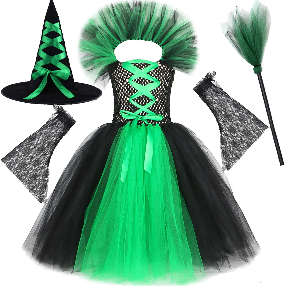 Halloween Witch Costumes for Girls Carnival Party Long Tutu Dress with Hat Magic Broom Lace Sleeves Kids Sorceress Fancy Outfits