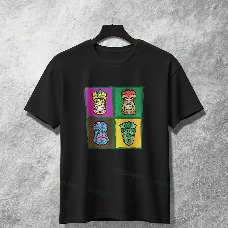 メンズ面白いハワイティキトーテムアートグラフィック Tシャツレトロコナアロハシャツサーフィン用綿 100% 半袖 Balck カジュアル Tシャツ
