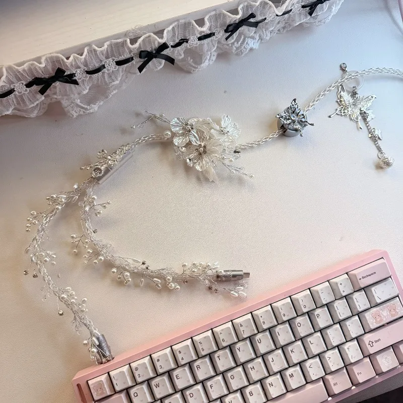 Flower Handmade Keyboard Cable One Drag Two USB To Type-C Coiled Cable 8K Luminous Braided Wire for Gaming Mechanical Keyboard