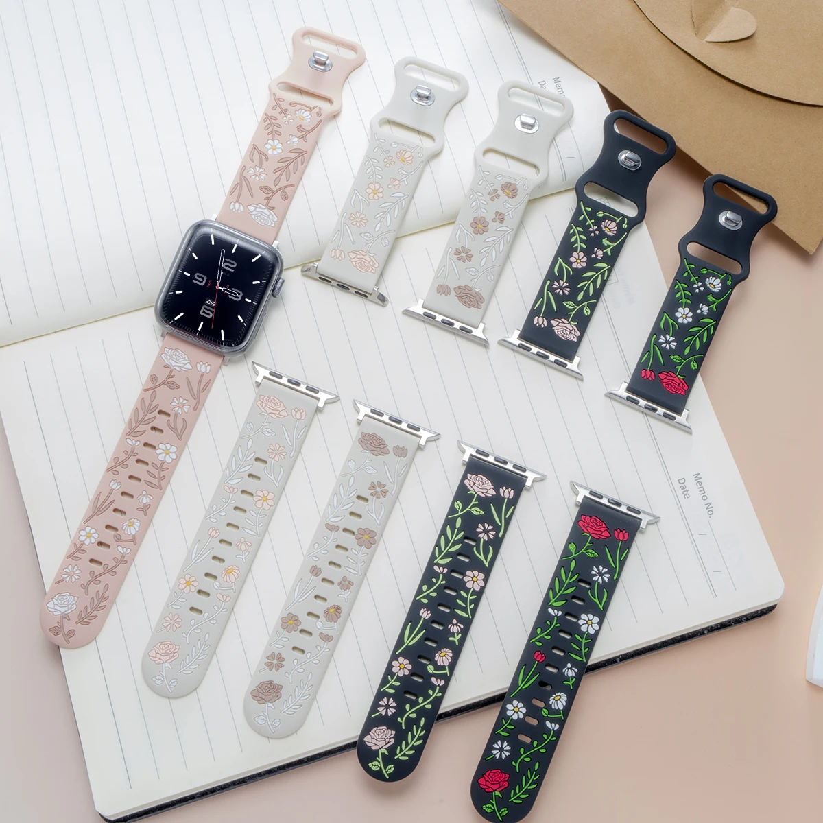 Ремешки с цветочной гравировкой для Apple Watch, ремешок 44 мм, 42 мм, 41 мм, 40 мм, 45 мм, 49 мм, 46 мм, браслет correa iwatch series 10 9 7 SE 6 8 Ultra