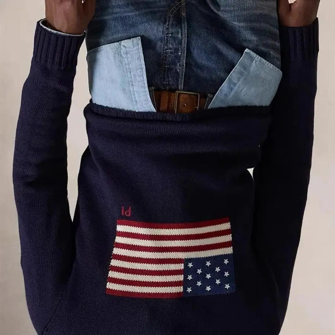 

Свитер оверсайз, осень-зима, тяжелая промышленность, вышитый флаг США, вязаные свитера с круглым вырезом, мужские и женские уличные новые топы