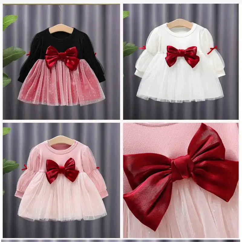 2024 New Children\'s Spring and Autumn Dress Girl Baby Bow knot Mesh Dress Infant Long sleeved Birthday Princess Dress 0-4Y