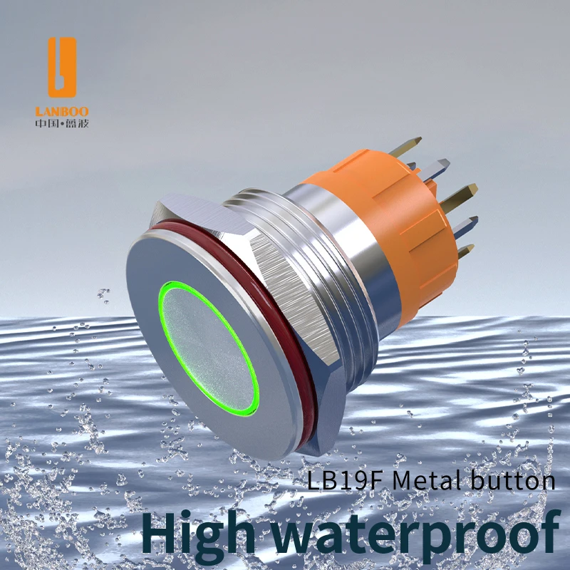 LANBOO 19MM Pin Feet Waterproof Push Button Switch IP68 2NO Ring and Ring Power Symbol For Waterproofing Equipment Ship Supplies