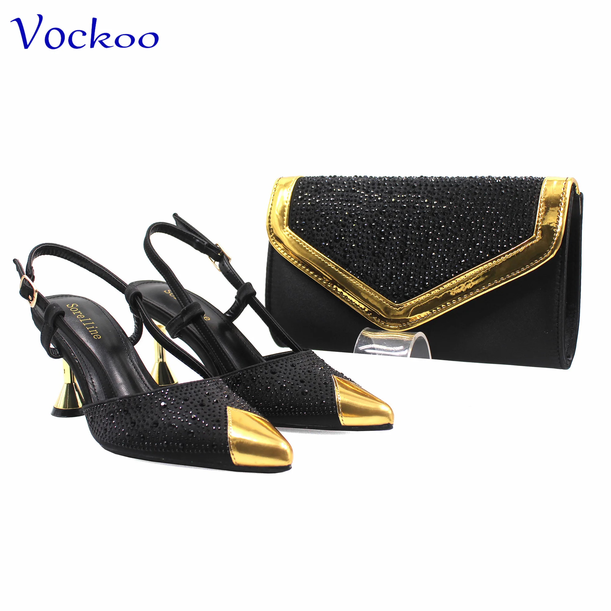 Conjunto de zapatos y bolso de alta calidad para mujer, zapatos sexys de oficina, punta estrecha con cristal, Color negro, para fiesta, 2024