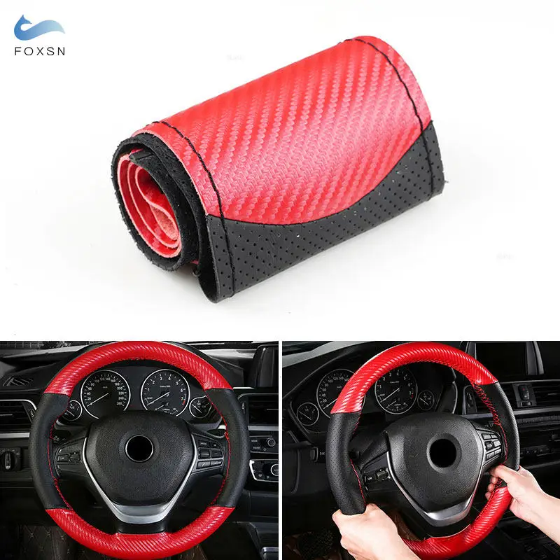 Universal 38CM Red Carbon Fiber + Black Perforated Leather Splice Car Inner Steering Wheel Hand Braid Cover Interior Accessories