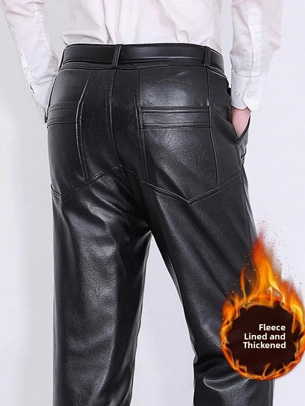 

Large Size Warmth PU Leather Casual Pants for Middle-Aged And ly Men with Fce Thiened Straight Cut Knee Protection ...