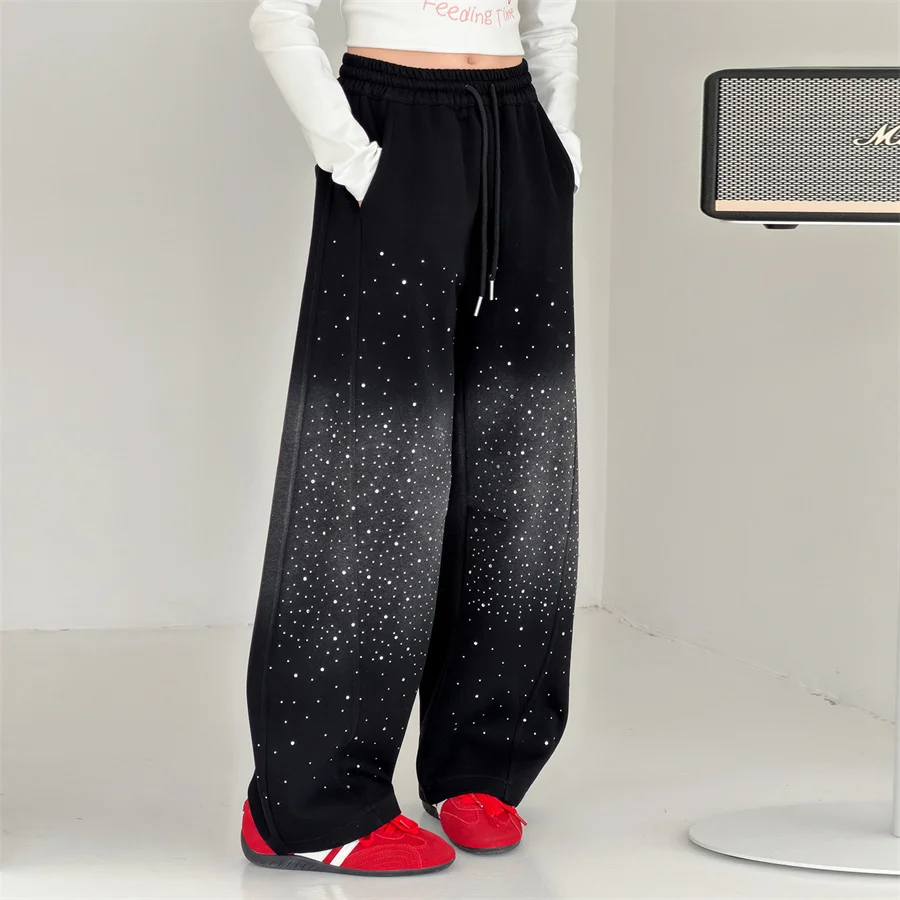 

Kids Girl High Street Rhinestone Hip-Hop Straight Fit Black Sweatpants Children New Fashion Spring Casual Pants Crystal Trousers
