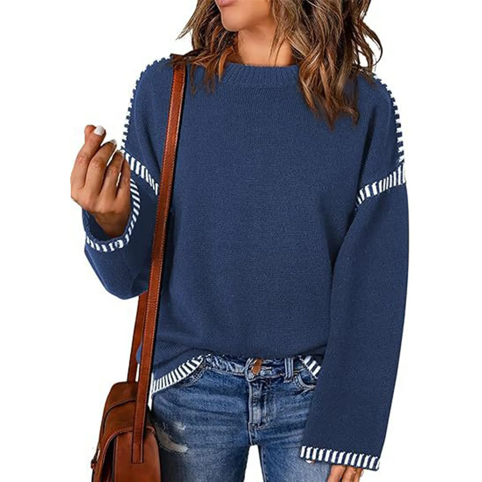 Women's Solid Color Loose Comfortable Casual Patchwork Knitted Round Neck Long Sleeved Pullover Sweater