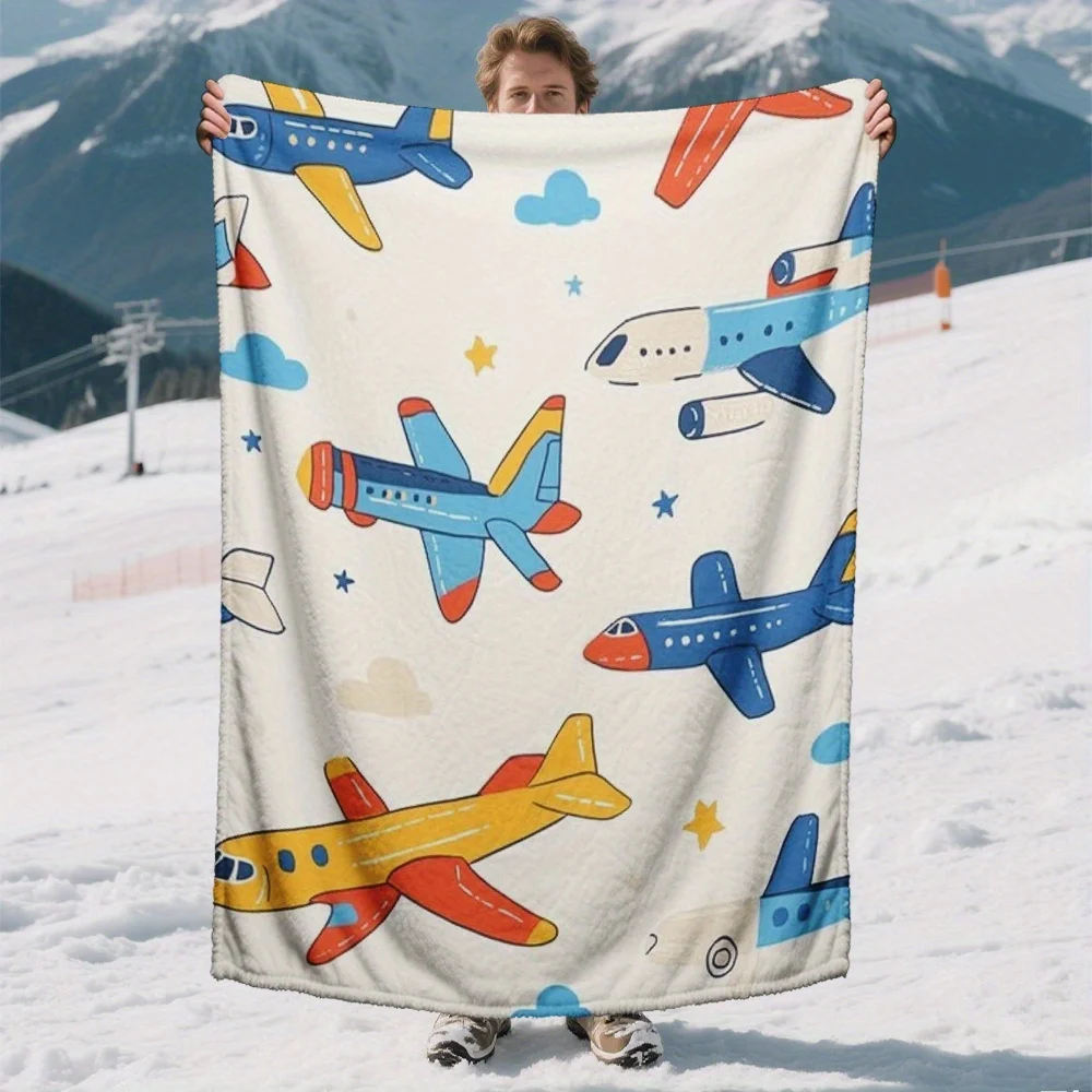 Giant Airplane Pattern Throw Blanket 150x200cm Cute Kids Aviation Design Cozy Nursery Bedroom Decor