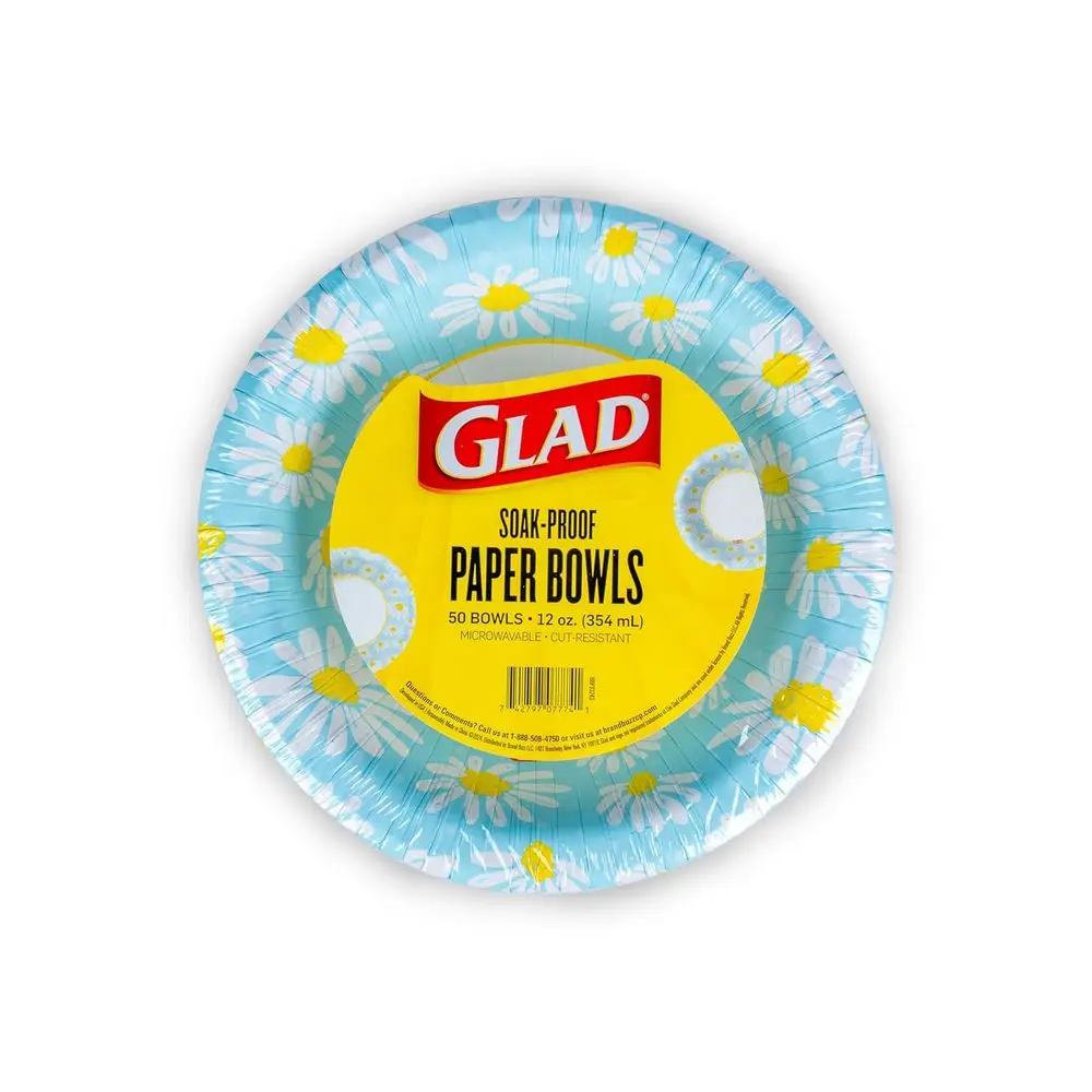 

12 oz Heavy-Duty Disposable Paper Bowls, 50 Pack - Microwave Safe, Leak & Cut Resistant, Decorated with Daisies for Soup, Cereal