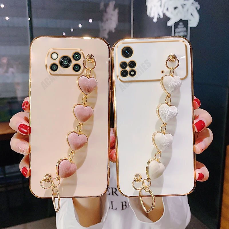 Pocox3 Nfc Love Heart Bracelet Case For Xiaomi Mi Poco X3 M4 X4 Pro 5g X3pro M4pro 4g F3 Chain Plating Silicone Cover Poko X4pro