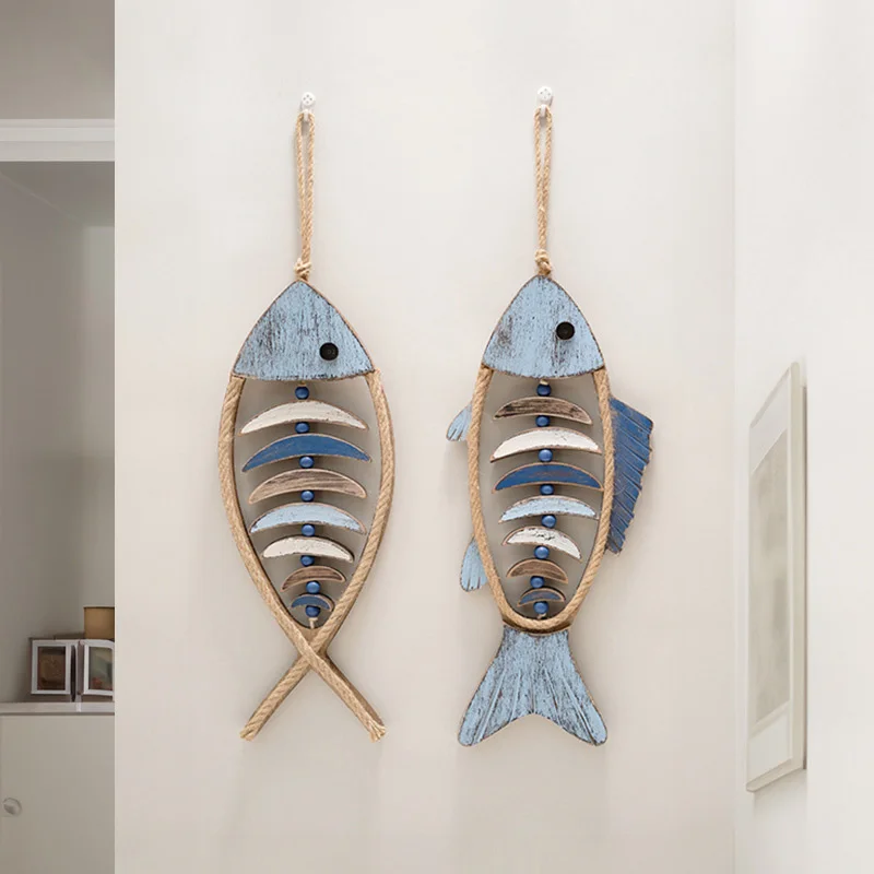 Mediterranean Wooden Fish Pendant Wall Hanging Ornament Living Room Dining Room Home Decorations Beach Ocean Theme