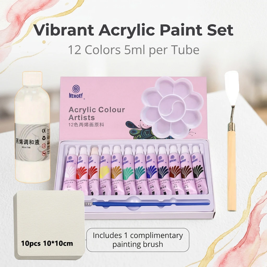 12/24 Colors 5ml Each Acrylic Painting Pigments Set with Scraper Mixing Palette 100ml Blending Liquid And 10 Sheets 10x10cm Wate