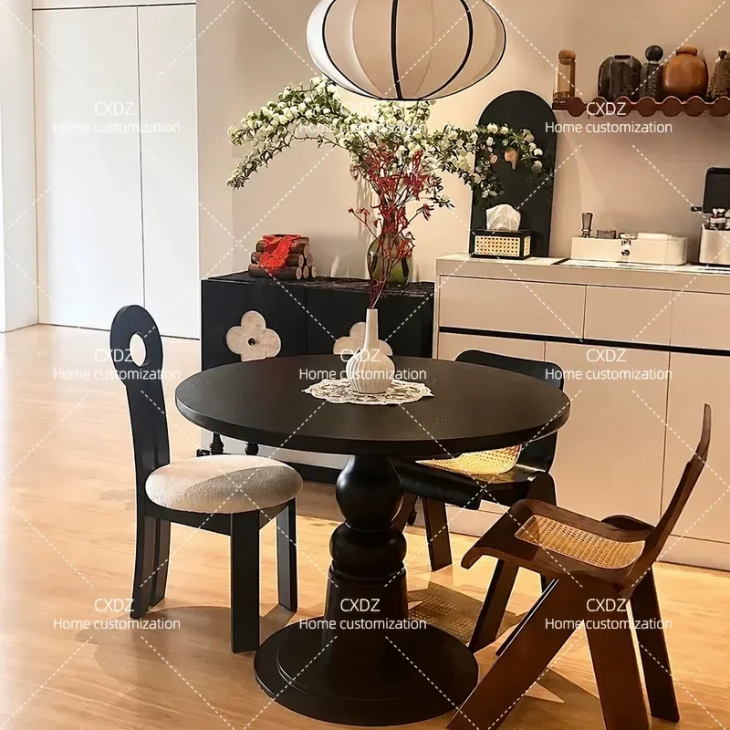 Retro Solid Wood Round Dining Table Black Small Apartment Light Luxury Medieval Simple Style Household Furniture