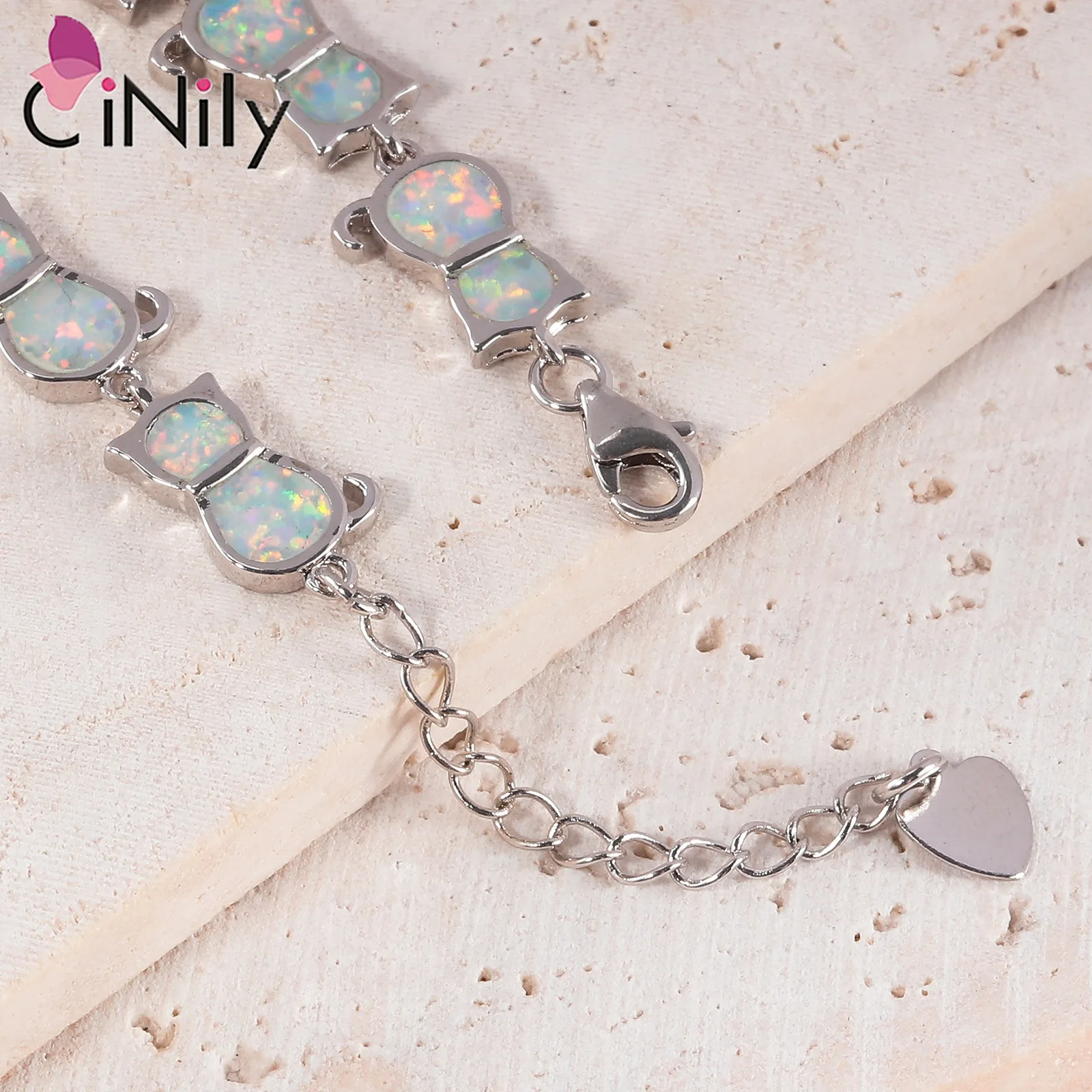 CiNily Created White Fire Opal Silver Plated Wholesale Lovely Cute Cat for Women Jewelry Gift Chain Bracelet 7.5