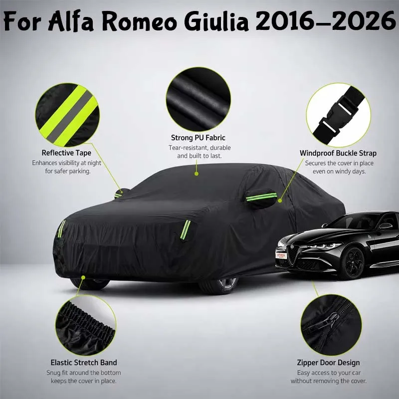 Waterproof Full Car Cover Side Door Zipper Reflective Strips Windproof Buckle All-Weather Protection For Alfa Romeo Giulia 2016-