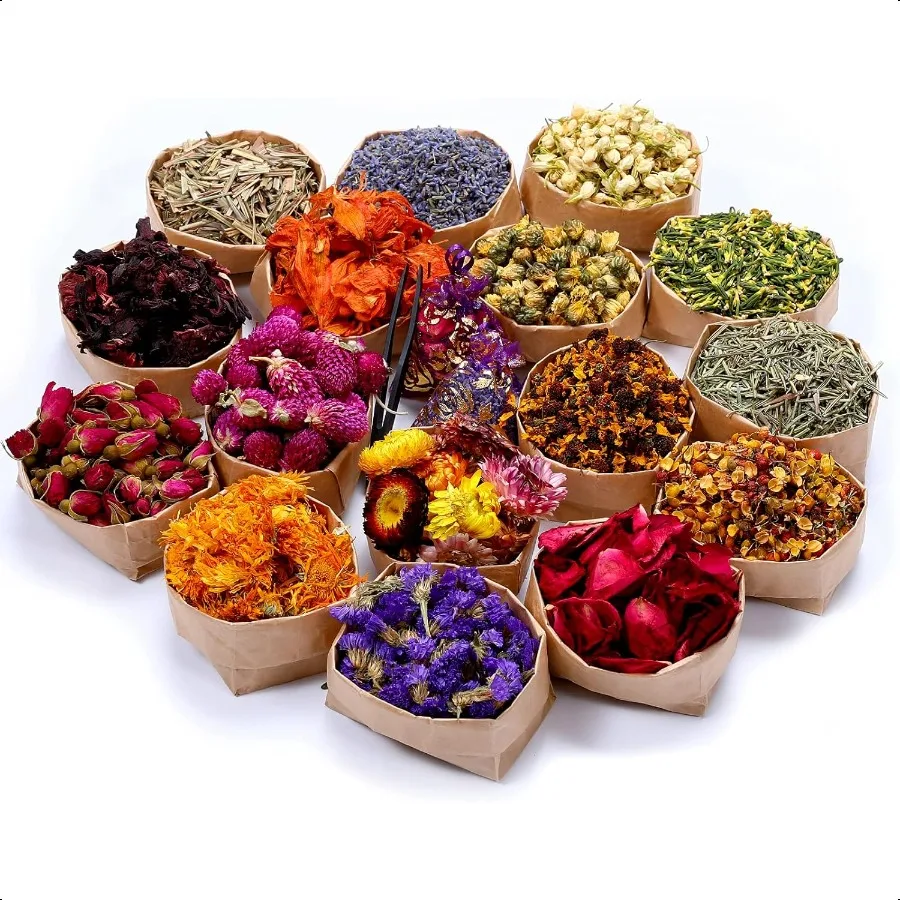 16 bolsas de flores secas, Kit de hierbas de flores secas 100% naturales para hacer jabón, fabricación de velas DIY, baño, incluye pétalos de rosa, lavanda D
