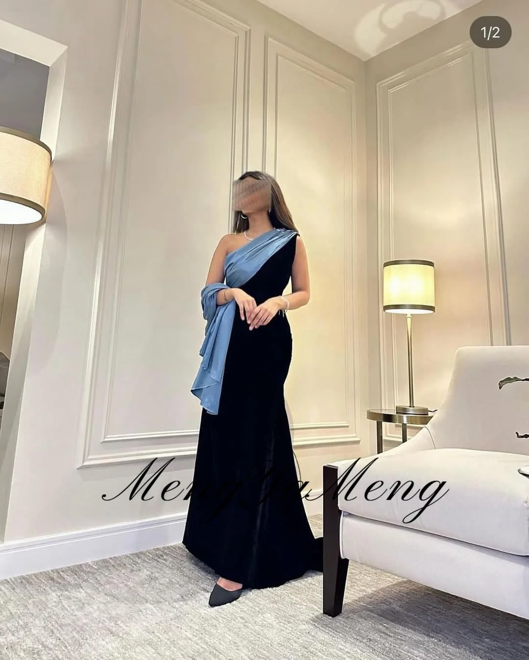 ZHUISHU One Shoulder Saudi Evening Gown Blue and Black Semi-Mermaid Formal Event Dresses Customized Long Prom Party Dresses