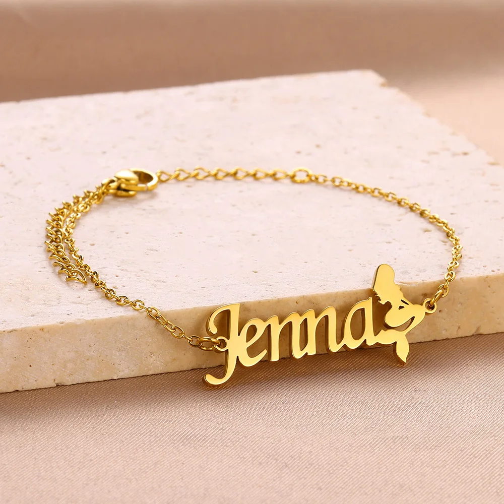 Custom Fairy Mermaid Name Necklace Personalised BFF Birthday Gift Stainless Steel Customerized Women Name Cartoon Bracelet