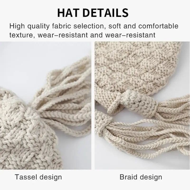 31BB Вязаная шапка ручной работы крючком Модная шапка с бахромой и косами для девочек Муфта для ушей Шапка с помпоном