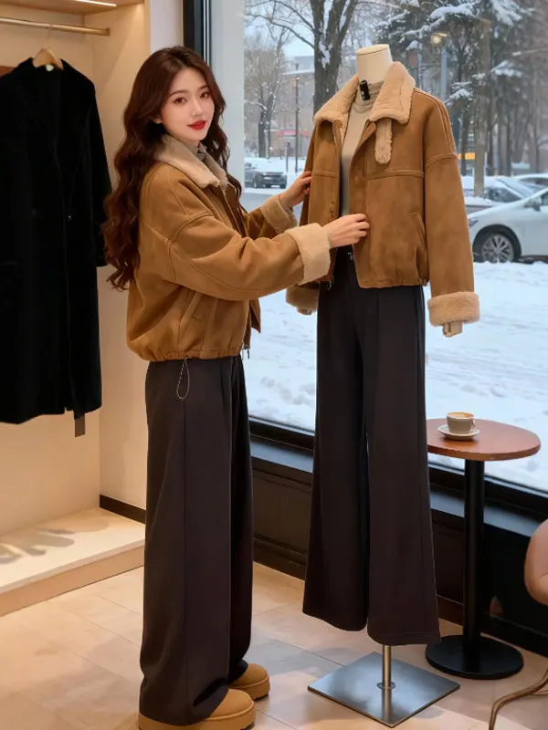 

Retro Faion Suede ort Coat Warm Thiened Floing Personali Winter Outerwear for Small Figures Travel Office Outdoor