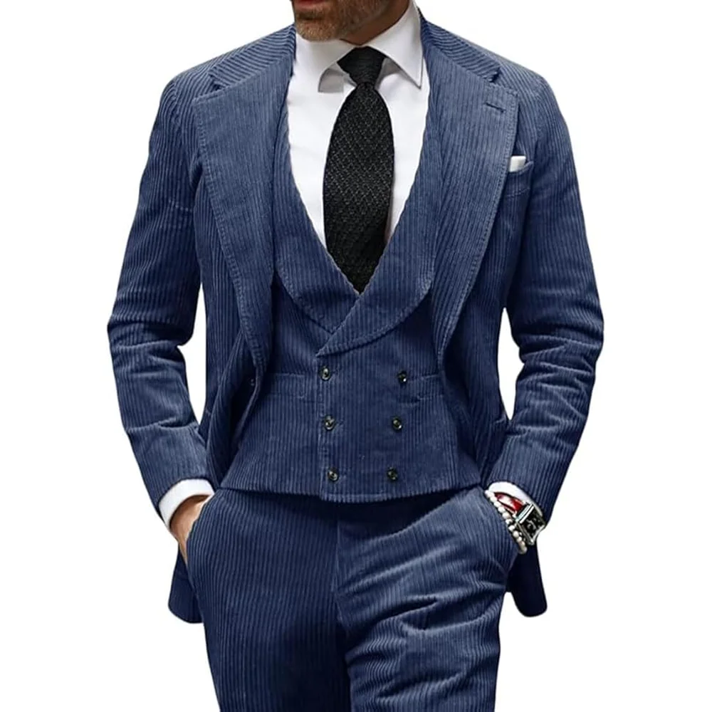 Camel Velvet Men's Suit 3 Piece Corduroy Blazer Vest Pants Set for Business Events Wedding Grooms Banquet Party Custom Tuxedo