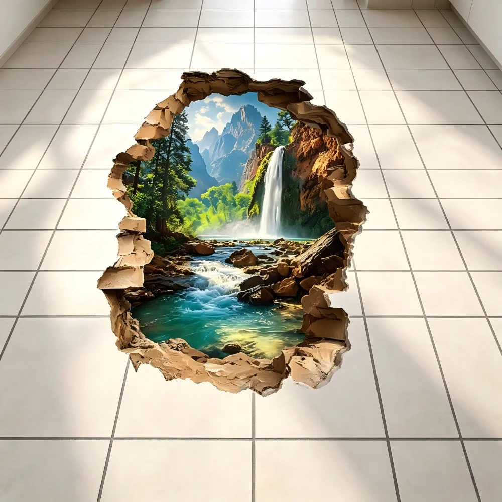 Wall breaking landscape waterfall floor sticker -2D flat printing, realistic style, natural landscape decoration sticker