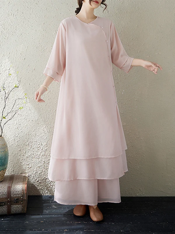 

Chinese Zen Fashion Set Double Layer Chiffon Drifting Dress Elastic Waist Wide Leg Pants Casual Tea Costume Two Piece Set