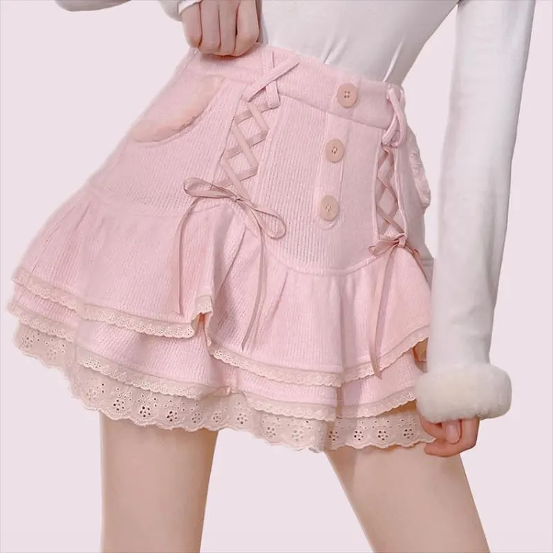 Japanese Lolita Kawaii Clothes Pink Mini Skirt with Shorts Lace High Waist Korean Style Women Y2k New Fall White Fluffy Skirts