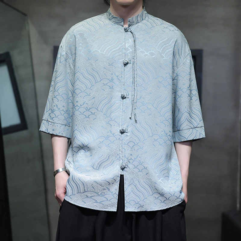 Chinese Style Men Casual Shirt New Arrival 2026 Summer Vintage Mandarin Collar Tang Suit Loose Comfortable Male Tops Shirts N090