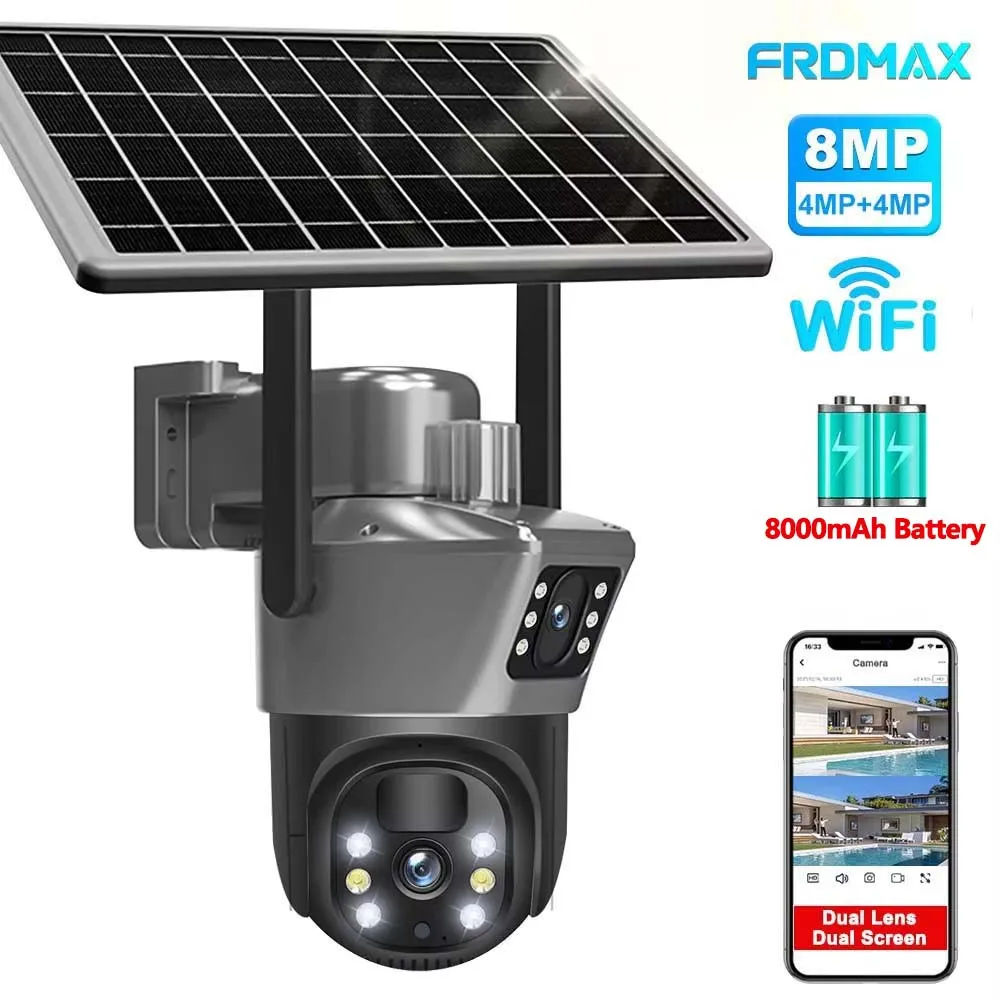 Kamera słoneczna 8MP 4K WiFi, zewnętrzna bezprzewodowa kamera bezpieczeństwa, wykrywanie ludzi PIR, kamery monitorujące CCTV, z panelem słonecznym, kamera IP PTZ z dwoma obiektywami, ochrona bezpieczeństwa