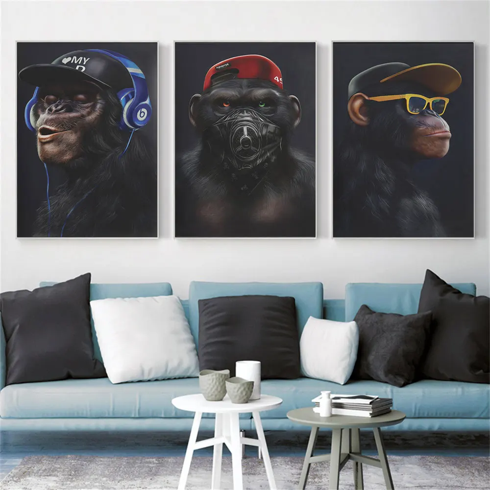 

Chimpanzees with Sunglasses, Music Headphones Poster Print, Canvas Wall Art, Funny Monkey Picture for Living Room, Home Decor