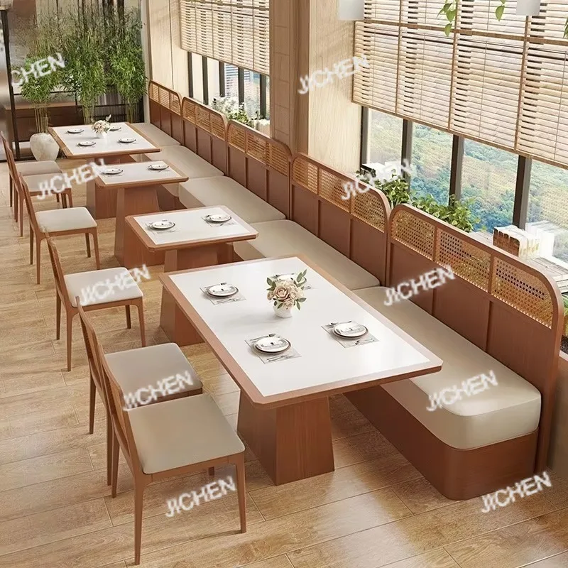 

Restaurant Commercial Hotel Premium Upholstered Booth Sofa and Solid Wood Dining Table and Woven Rattan Chair Set